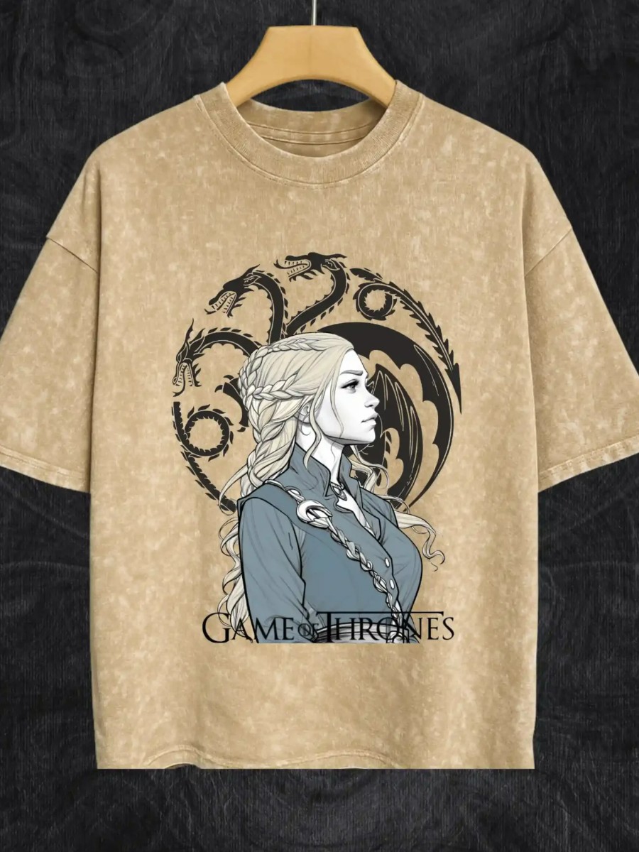 The Mother of Dragons | Beige Acid Wash Drop Shoulder Tee